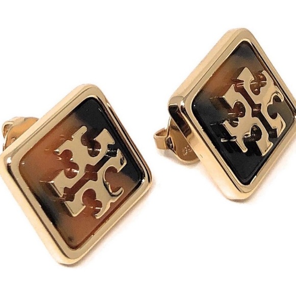 Tory Burch Gold and Brown Logo Earrings Tortoise Shell Quite Luxury Stud - Picture 2 of 8